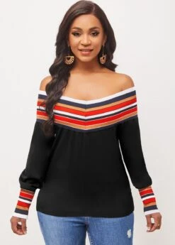 Stripe Off Shoulder Black Long Sleeve Blouse -UrbanLayer Store 290838 P 16421495875872