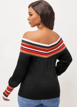 Stripe Off Shoulder Black Long Sleeve Blouse -UrbanLayer Store 290838 P 16421495876461