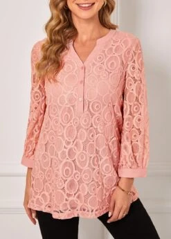 Pink Lace Stitching Split Neck Blouse