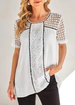 Lace Stitching White Contrast Stitch Blouse