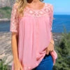 Lace Patchwork Round Neck Pink Blouse 2 Lace Patchwork Round Neck Pink Blouse -UrbanLayer Store 292220 P 16448386234273