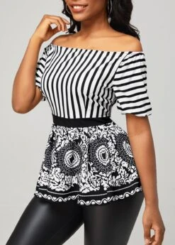 Tribal Print Off Shoulder Black Striped Blouse -UrbanLayer Store 292702 P 16408255912662