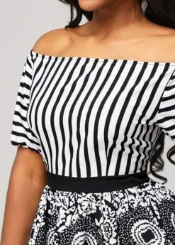 Tribal Print Off Shoulder Black Striped Blouse -UrbanLayer Store 292702 P 16408255916724