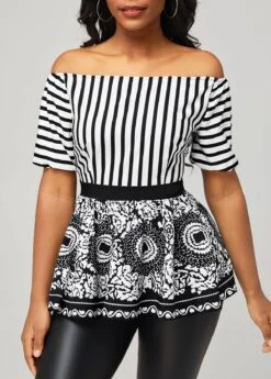 Tribal Print Off Shoulder Black Striped Blouse -UrbanLayer Store 292702 P 16408255918203