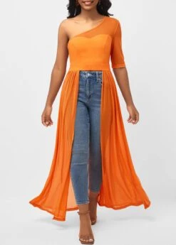 Skew Neck Orange Fabric Stitching Blouse -UrbanLayer Store 292930 P 16407726780990