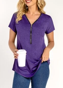 Purple Quarter Zip Short Sleeve T Shirt -UrbanLayer Store 294341 P 16431936575993