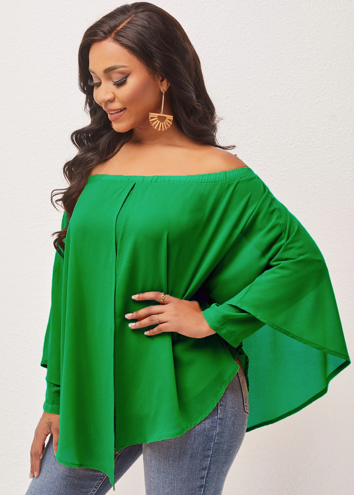 Off Shoulder Layered Asymmetric Hem Green Blouse 5 Off Shoulder Layered Asymmetric Hem Green Blouse - Image 3