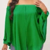 Off Shoulder Layered Asymmetric Hem Green Blouse