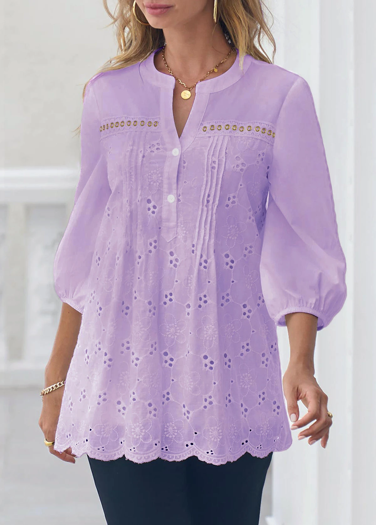 Hollow Embroidery Light Purple Crinkle Chest Blouse 3 Hollow Embroidery Light Purple Crinkle Chest Blouse
