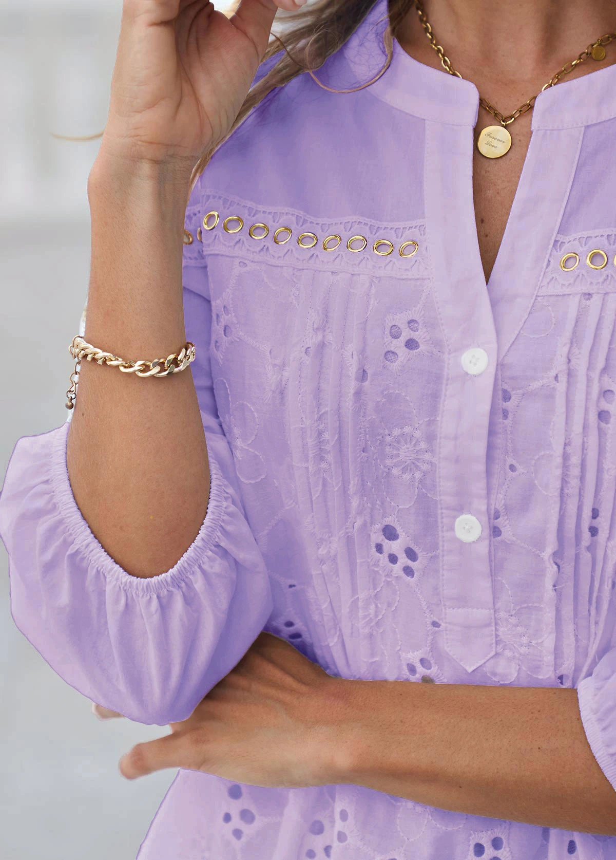 Hollow Embroidery Light Purple Crinkle Chest Blouse 8 Hollow Embroidery Light Purple Crinkle Chest Blouse - Image 6
