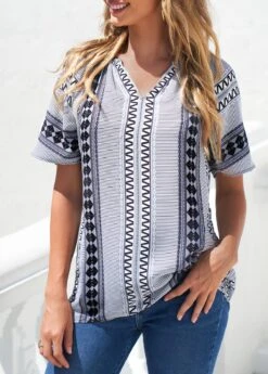 Tribal Print Split Neck Grey Blouse 11 Tribal Print Split Neck Grey Blouse -UrbanLayer Store 301295 P 16527949810233