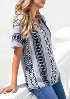 Tribal Print Split Neck Grey Blouse 10 Tribal Print Split Neck Grey Blouse -UrbanLayer Store 301295 P 16527949815812