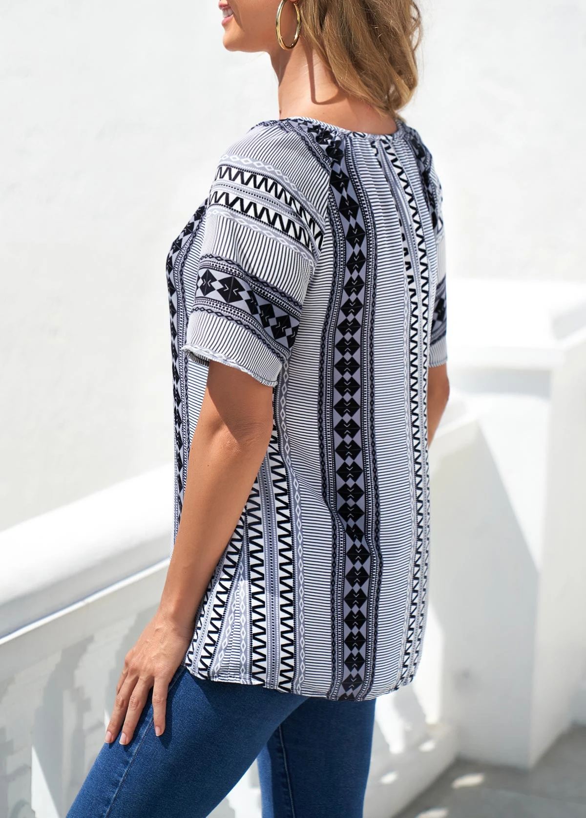 Tribal Print Split Neck Grey Blouse 4 Tribal Print Split Neck Grey Blouse - Image 2