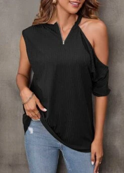 Black Cold Shoulder Quarter Zip T Shirt -UrbanLayer Store 302460 P 16546633575346