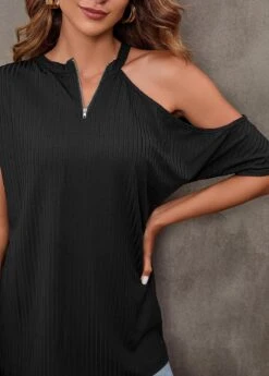 Black Cold Shoulder Quarter Zip T Shirt -UrbanLayer Store 302460 P 16546633578813