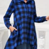 Plaid Double Side Pockets Royal Blue Blouse