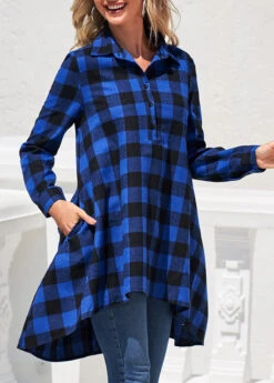 Plaid Double Side Pockets Royal Blue Blouse