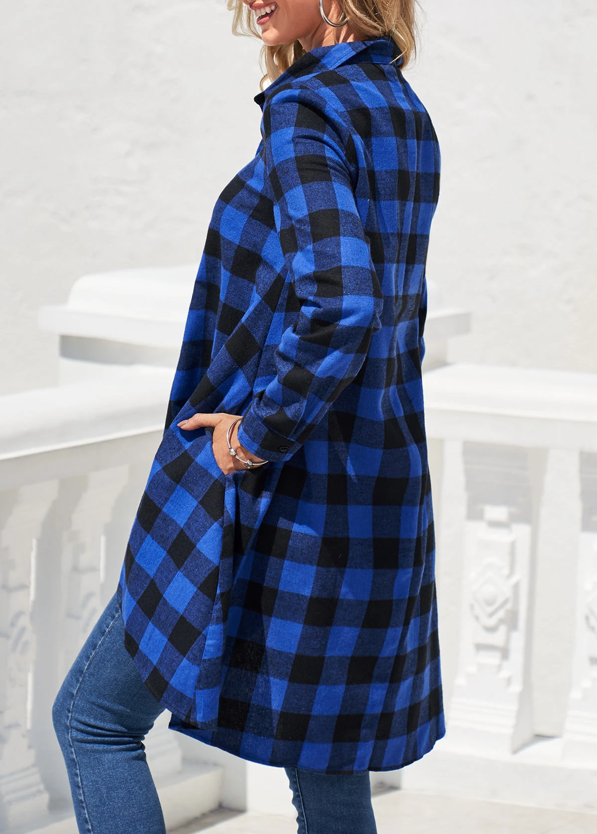 Plaid Double Side Pockets Royal Blue Blouse 4 Plaid Double Side Pockets Royal Blue Blouse - Image 2