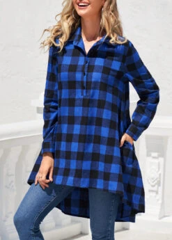 Plaid Double Side Pockets Royal Blue Blouse 12 Plaid Double Side Pockets Royal Blue Blouse -UrbanLayer Store 303736 P 16584664233024