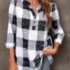 Plaid Split Neck Black 3/4 Sleeve Blouse -UrbanLayer Store 304526 P 16553778640950