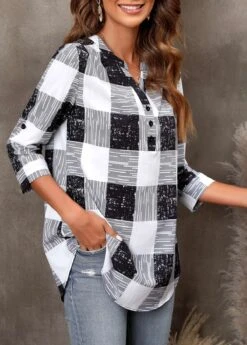 Plaid Split Neck Black 3/4 Sleeve Blouse -UrbanLayer Store 304526 P 16553778645993