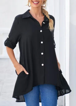 Black Roll Tab Sleeve Dip Hem Button Up Blouse