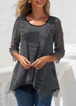 Black Asymmetric Hem Round Neck Textured T Shirt