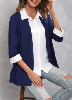 Faux Two Piece Navy Blue Turndown Collar Blouse 11 Faux Two Piece Navy Blue Turndown Collar Blouse -UrbanLayer Store 304685 P 16572774772133