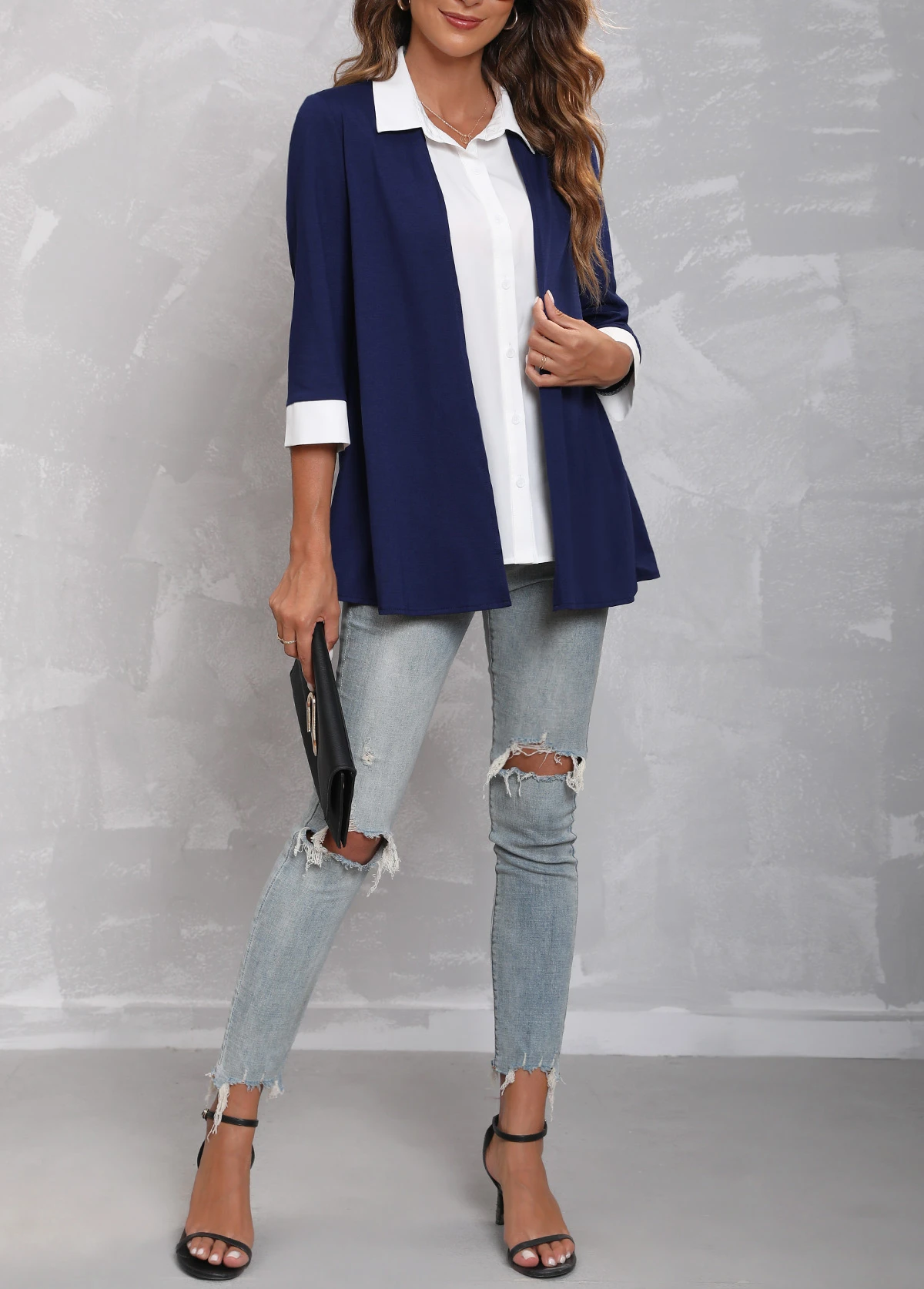 Faux Two Piece Navy Blue Turndown Collar Blouse 8 Faux Two Piece Navy Blue Turndown Collar Blouse - Image 6