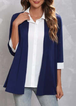Faux Two Piece Navy Blue Turndown Collar Blouse 10 Faux Two Piece Navy Blue Turndown Collar Blouse -UrbanLayer Store 304685 P 16572774774610