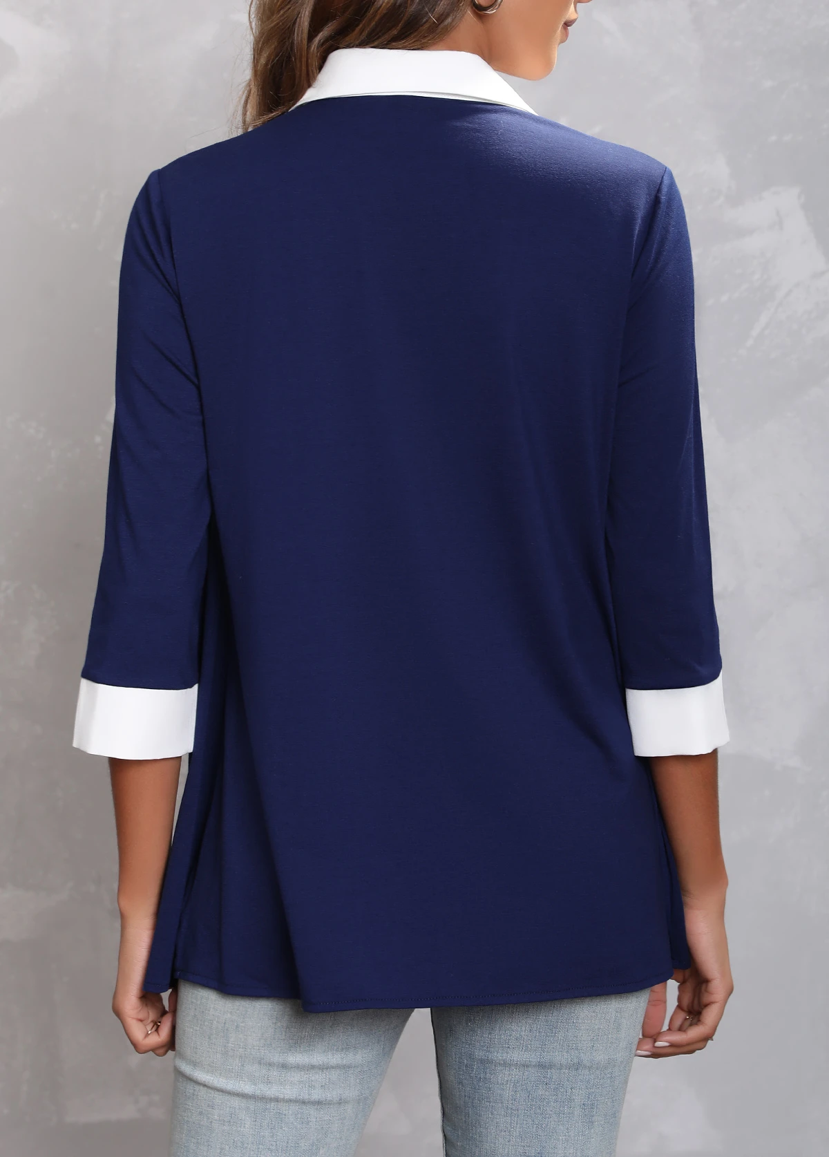 Faux Two Piece Navy Blue Turndown Collar Blouse 4 Faux Two Piece Navy Blue Turndown Collar Blouse - Image 2