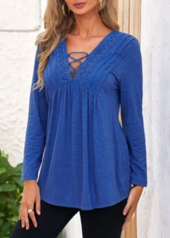Royal Blue Lace Stitching Long Sleeve T Shirt -UrbanLayer Store 304692 P 16608141504642