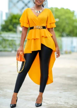 Ginger Short Sleeve V Neck Dip Hem Belted Blouse