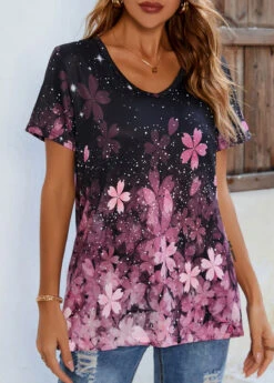 Floral Print Pink V Neck T Shirt -UrbanLayer Store 307217 P 16577946715993