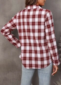 Wine Red Plaid Turndown Collar Blouse -UrbanLayer Store 307719 P 16575021232321