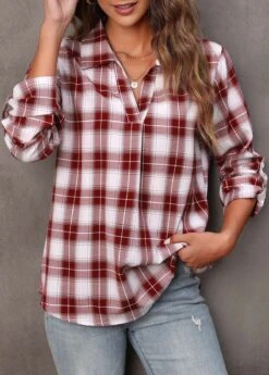 Wine Red Plaid Turndown Collar Blouse -UrbanLayer Store 307719 P 16575021238200