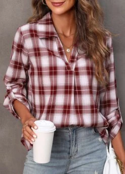 Wine Red Plaid Turndown Collar Blouse -UrbanLayer Store 307719 P 16575021242953