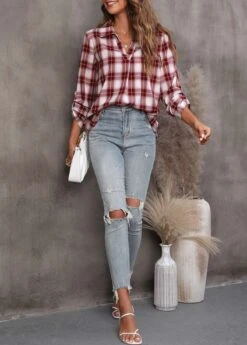 Wine Red Plaid Turndown Collar Blouse -UrbanLayer Store 307719 P 16575021247715