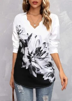 Black Floral Print Long Sleeve Blouse