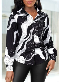 White Galaxy Print Long Sleeve Shirt Collar Blouse -UrbanLayer Store 309500 P 16596959275862