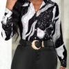 White Galaxy Print Long Sleeve Shirt Collar Blouse