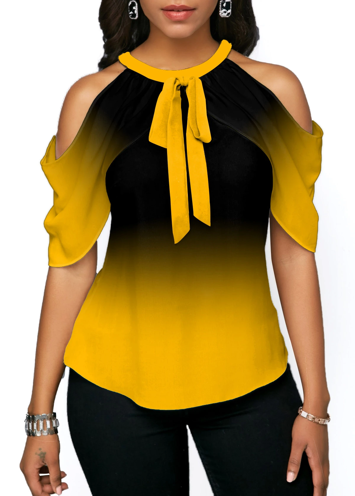 Tie Front Halter Cold Shoulder Yellow Blouse 3 Tie Front Halter Cold Shoulder Yellow Blouse