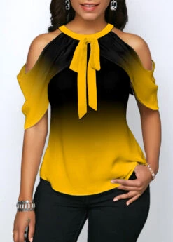 Tie Front Halter Cold Shoulder Yellow Blouse 7 Tie Front Halter Cold Shoulder Yellow Blouse -UrbanLayer Store 309658 P 1658210545157