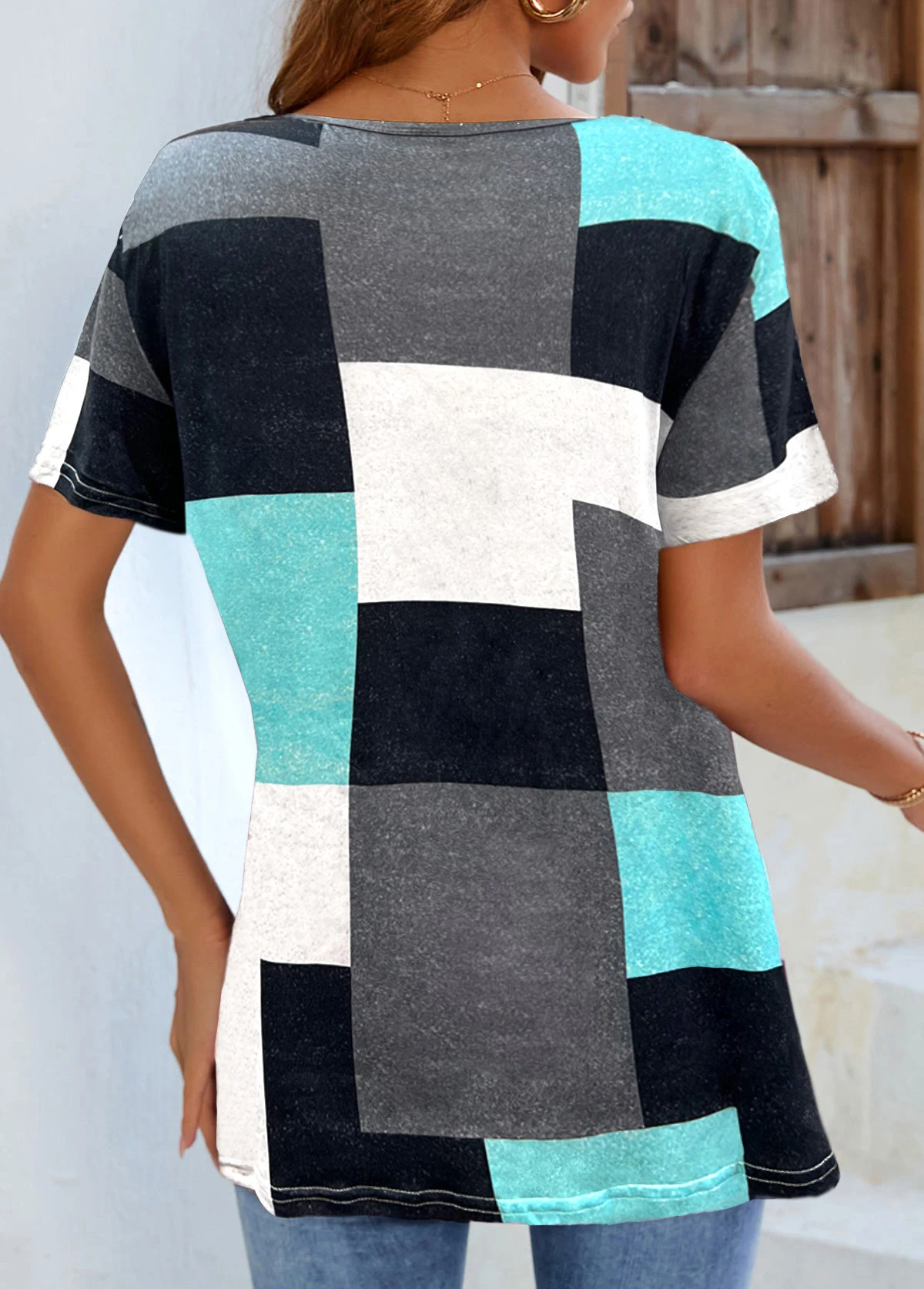 Cyan Contrast V Neck Short Sleeve T Shirt 4 Cyan Contrast V Neck Short Sleeve T Shirt - Image 2