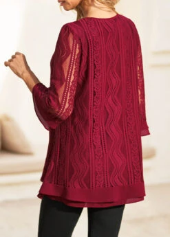 Wine Red Lace Stitching 3/4 Sleeve Blouse 8 Wine Red Lace Stitching 3/4 Sleeve Blouse -UrbanLayer Store 311035 P 16635848371751