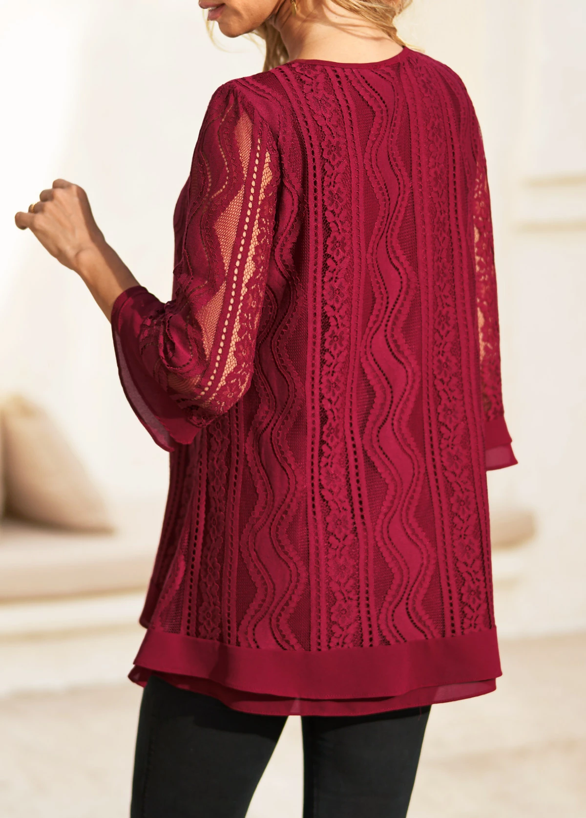 Wine Red Lace Stitching 3/4 Sleeve Blouse 4 Wine Red Lace Stitching 3/4 Sleeve Blouse - Image 2