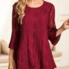 Wine Red Lace Stitching 3/4 Sleeve Blouse 2 Wine Red Lace Stitching 3/4 Sleeve Blouse -UrbanLayer Store 311035 P 16635848372300