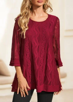 Wine Red Lace Stitching 3/4 Sleeve Blouse 9 Wine Red Lace Stitching 3/4 Sleeve Blouse -UrbanLayer Store 311035 P 16635848372402