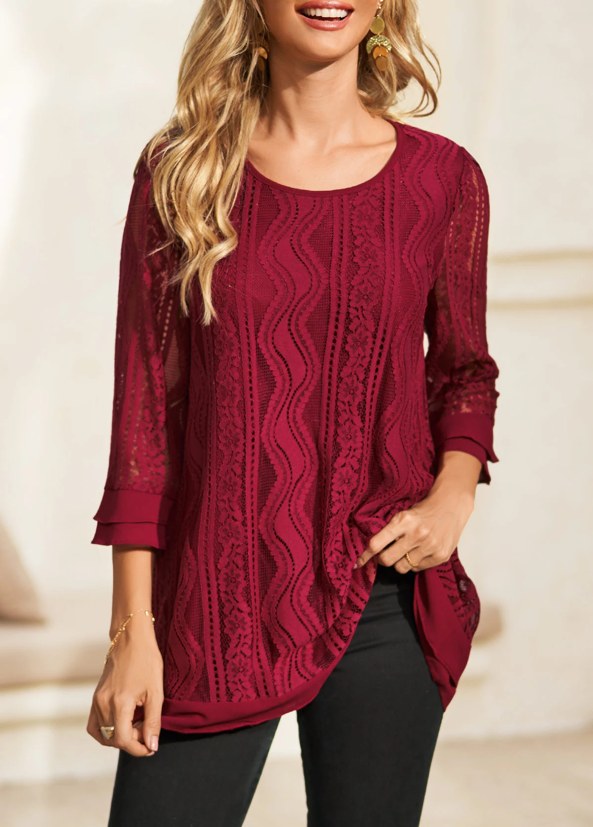 Wine Red Lace Stitching 3/4 Sleeve Blouse 7 Wine Red Lace Stitching 3/4 Sleeve Blouse - Image 5