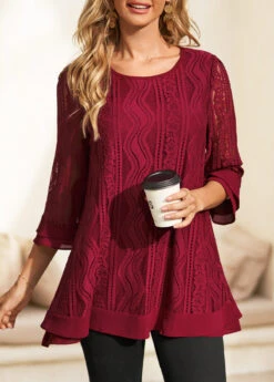 Wine Red Lace Stitching 3/4 Sleeve Blouse 10 Wine Red Lace Stitching 3/4 Sleeve Blouse -UrbanLayer Store 311035 P 16635848377193